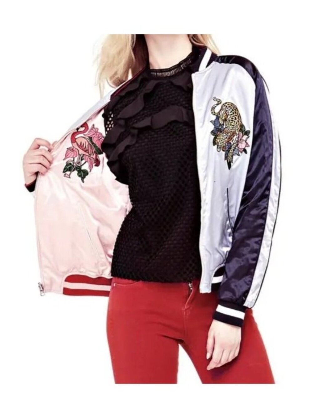 Guess Shirley Reversible Embroidered Tiger & Flamingo Satin Bomber Jacket Sz M